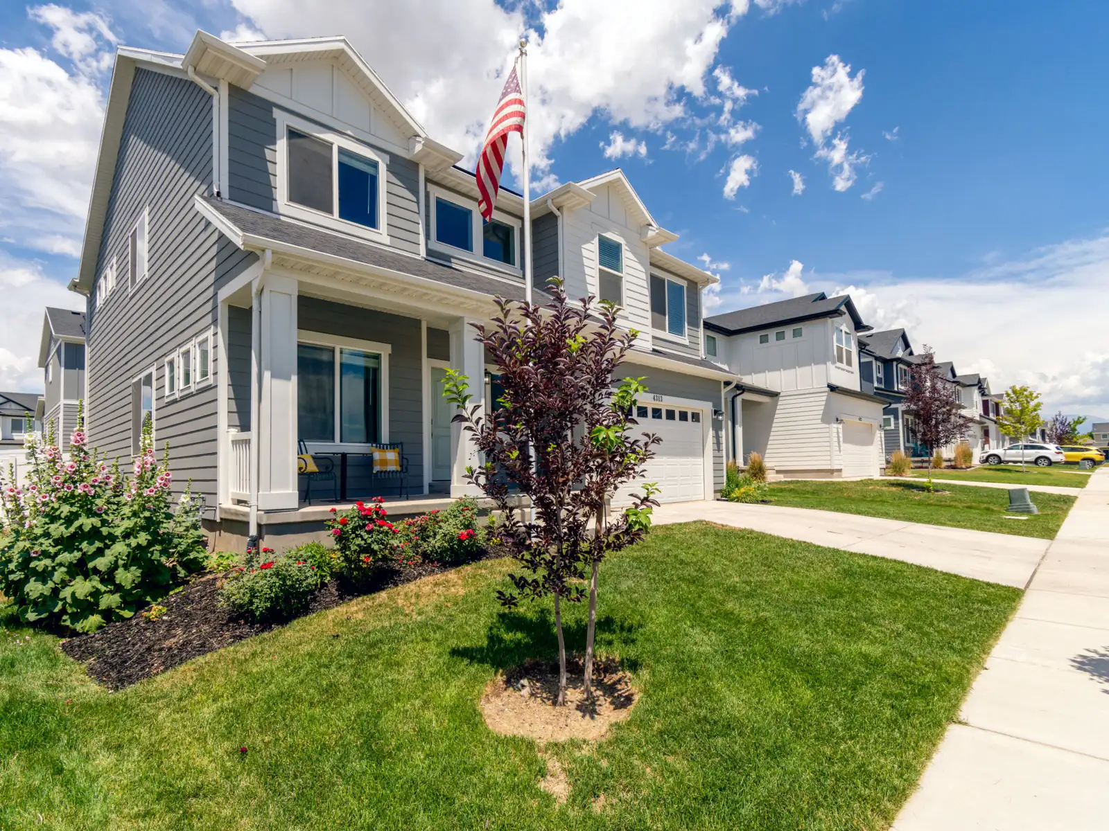 Row of newer two-storey homes with lawns along a sunny sidewalk